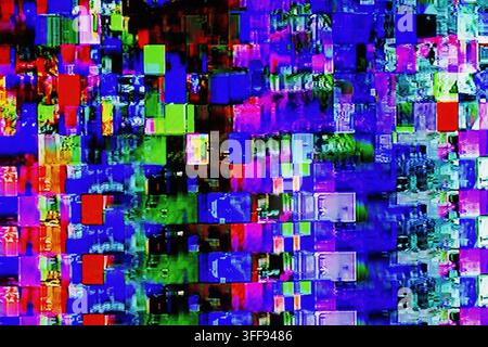 failures and interference on the digital TV screen in the form of multi-colored stripes and squares Stock Photo