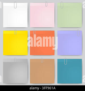 Colorful Sticky Notes Set with Paper Clips on Grey Background Vector Office Reminder Concept Stock Vector