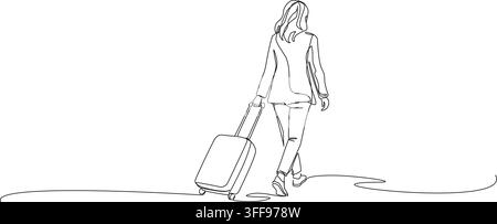 continuous line drawing of woman pulling a suitcase, travel concept line art vector illustration Stock Vector