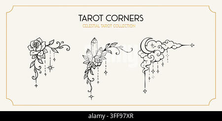 Black hand drawn tarot corner sketches with floral rose crystal and celestial moon ornaments on a cream background Stock Vector