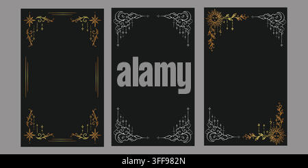 Three black tarot frames with hand drawn celestial ornaments in gold and silver featuring moon sun and star sketches Stock Vector