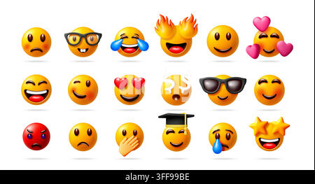 Set of 3d emoji faces with different emotions Stock Vector