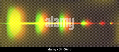 Glowing anamorphic lens flare overlay effect with colorful light leak streaks isolated on transparent background. Vector illustration Stock Vector