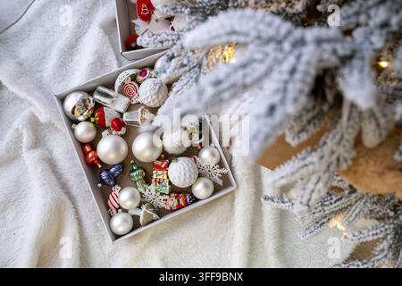 Christmas Ornaments and Decorated Tree Stock Photo