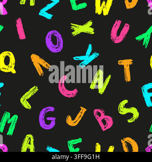 Alphabet letters seamless pattern. Stylish grunge letter backdrop. School, library, reading and writing. Neon bright abc elements print, vector Stock Vector
