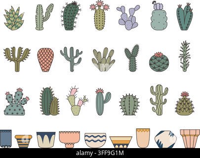 Cactus and succulents. Isolated flat cacti with flowers, different green plants and plant pots. Home garden elements, blooming floral vector set Stock Vector