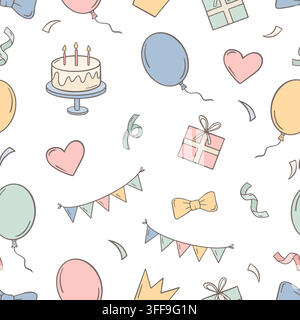 Birthday party seamless pattern. Celebrating elements pastel colors. Birthday cake with candles, crown, bow, confetti, gift box. Decorative print Stock Vector