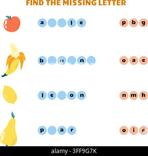 Children word play. Find correct missing letters in fruit names. Apple, banana, pear and lemon. Education game for toddlers, preschool kids, vector Stock Vector