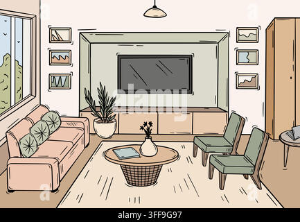 Cozy room interior design. Living room in home or apartments. Sofa with pillows, chairs, tv on wall, wardrobe. Psychologist office, waiting zone Stock Vector