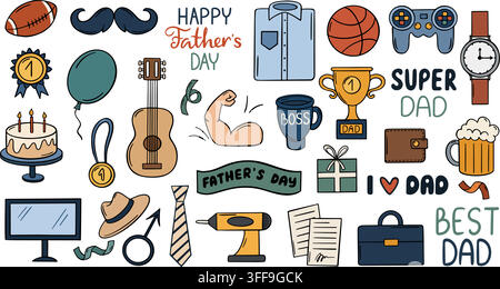 Fathers day colorful icons set. Isolated lettering Best dad, gold trophy and medals, hand watch, sport balls. Male different accessories, vector set Stock Vector