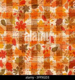 Warm fall orange and brown check seamless vector pattern with leaves and handwritten text, Rustic poetic plaid collage background with cursive writing Stock Vector