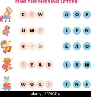 Find missing letter. Educational toddler game with cute animals. Cartoon fox, cow, wolf, bear and owl. Play with words, reading and writing lesson Stock Vector