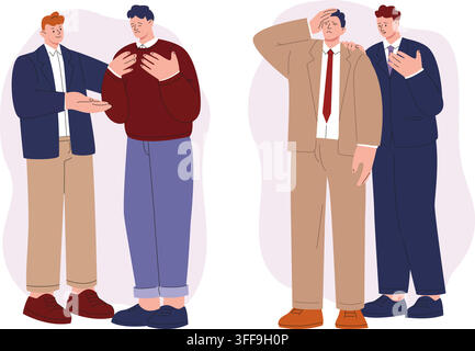 Men support colleague. Frustrated employee, tired and burned out. Sad businessman, fired manager, job or business loss. Cartoon flat vector characters Stock Vector