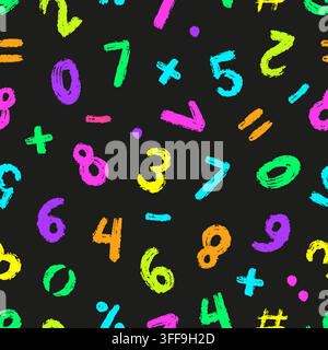Neon numbers seamless pattern. Hand drawn chalk style math elements. Crayon or color pencils print for fabric, covers, wallpapers, vector background Stock Vector