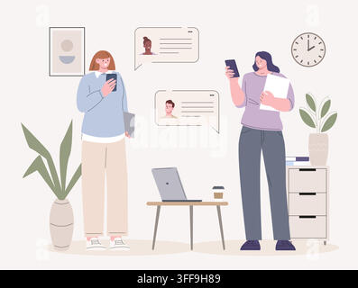 Recruiters discuss job applicants. Remote communication at work, working HR process, collaboration. Office female characters using smartphones Stock Vector