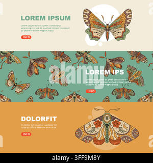 Boho folk art moth pattern banner templates set Stock Vector