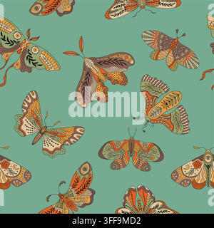 Boho folk art moths and butterflies seamless vector pattern Stock Vector