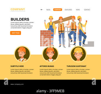 Construction workers building brick wall web landing page template Stock Vector