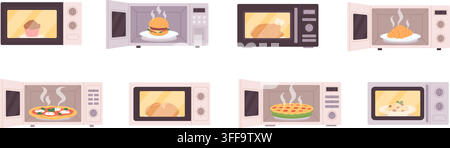 Food in microwave. Smart and quick reheating food. Pie, chicken, burger pizza spaghetti in different microwaves. Fast eating, homemade meal, racy Stock Vector