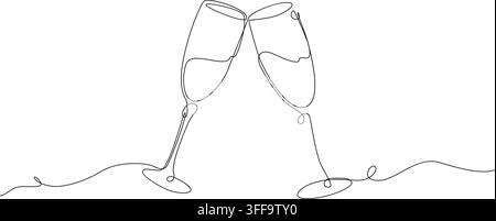 Champagne glass one line decor design. Holiday drinks, two simple glasses for party beverages. Graphic elements for New Year, anniversary cards Stock Vector