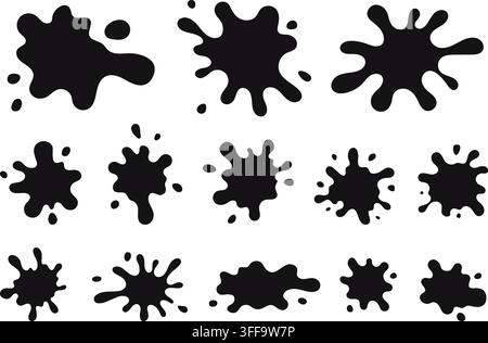 Liquid splashes, ink black blobs. Isolated flat oil splash with drops. Decorative basic elements for banners, flyers, posters. Simple different vector Stock Vector