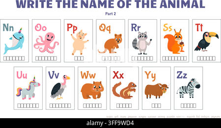 Write name of animal children words game cards. Set of cartoon animals, from n to z letters alphabet. Tell characters names, educational play template Stock Vector