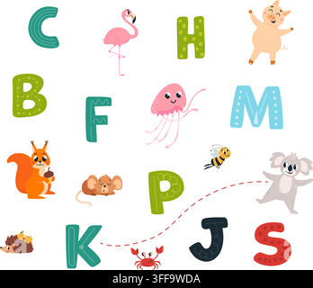 Toddler educational play. Find right letter and animal. Development test for kindergarten, preschool students, simple game for home, vector template Stock Vector