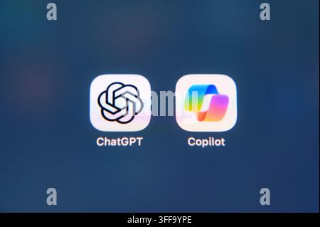 Paris, France - September 7, 2026: A smartphone screen showing the logos for ChatGPT and Microsoft Copilot apps. Stock Photo