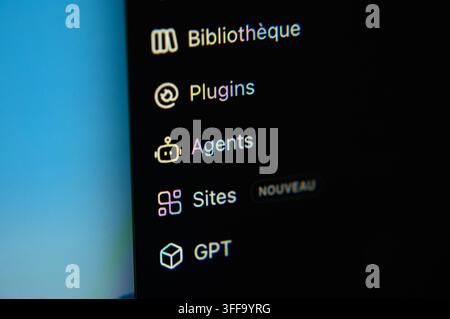 Paris, France - September 7, 2026: Computer menu displaying options for Plugins, Agents, Sites, and GPT models. Stock Photo