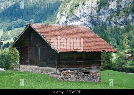 Old Weathered Wooden Barn Standing in Vibrant Green Field Against Rocky Mountain Cliffs in Lauterbrunnen Switzerland Stock Photo