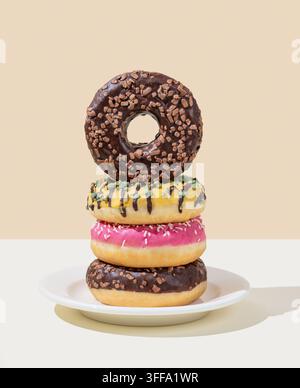 Stack of glazed donuts with different toppings on white plate on beige and white background. Creative concept of mockup or advertisement of fast break Stock Photo
