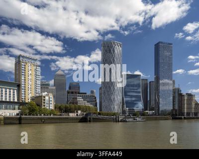 Canary Wharf skyline and One Canada Square skyscraper viewed from the River Thames from Docklands, London, UK. Stock Photo
