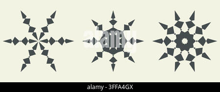 Christmas snowflake symbol icon set. Black silhouette element collection, abstract modern geometric irregular isolated shapes. Festive original Stock Vector