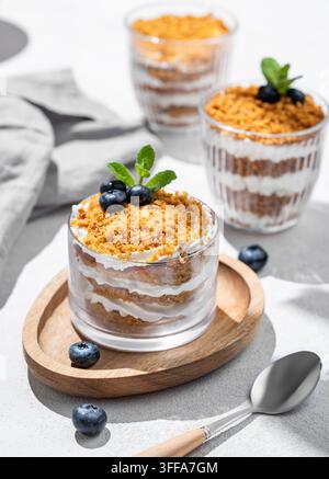 Russian honey cake Medovik trifle layered and decorated with blueberries. Sponge honey cakes with sour cream. Concept of delicious homemade dessert. Stock Photo
