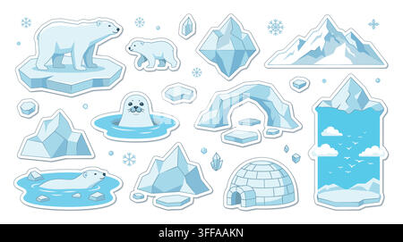 A collection of polar bear illustrations with icebergs and arctic landscape elements. . Stock Vector