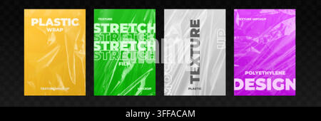 Plastic wrap mockup. Stretch film texture, realistic transparent cover wrapper clear shiny foil pouch pack sleeve cellophane material wrinkle grunge shrink 3d vector illustration original artwork Stock Vector