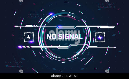 No signal digital background. Screen glitch effect, futuristic hud noise texture tech error monitor static pixel ui code rgb hack game cyberpunk split neon vector illustration original artwork Stock Vector