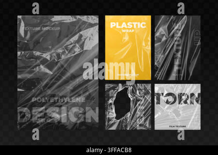Polyethylene texture. Torn plastic wrap cover design mockup, realistic stretch film transparent wrapper clear shiny foil pack cellophane wrinkle grunge shrink vector illustration original artwork Stock Vector