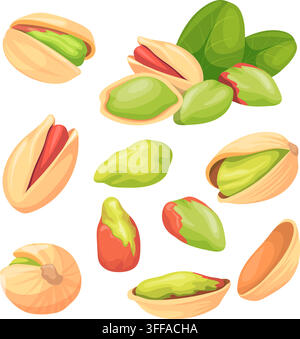 Pistachios. Cartoon pistachio, isolated nut ripe pistache shell dry pistachi nuts nutshell pistacia kernel snack vegetarian cooking healthy natural food, neat vector illustration original artwork Stock Vector