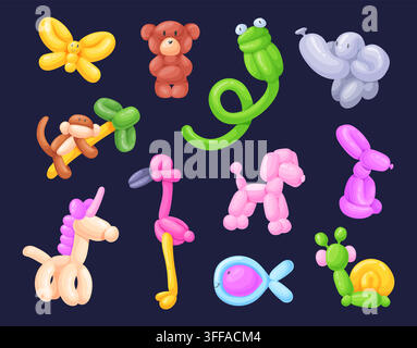 Balloon sculptures. Balloons animal figure, long Inflatable abstract shape, pet child toy cute animals fish snake unicorn horse birthday party cartoon y2k neat vector illustration original artwork Stock Vector