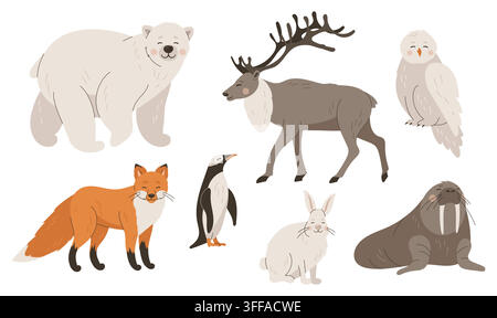 Cute arctic and polar animals collection vector flat set Stock Vector