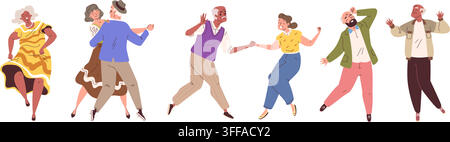 Old people dancing. Senior couple dance, elder dancer music party adult man happy elderly woman joy active fun together retired grandparent celebration classy vector illustration original artwork Stock Vector