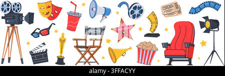 Cartoon cinema elements. Movie entertainment industry stickers, oscar statue drama hollywood actor awards film production video tv camera, doodle qualitative vector illustration original artwork Stock Vector