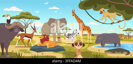 Savanna animals landscape. African jungle animal wildlife, africa wild nature cartoon background safari park scene hippo lion zebra ape elephant, zoo classy vector illustration original artwork Stock Vector