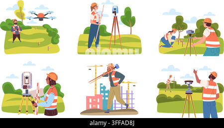 Surveyor. Construction site engineer worker land theodolite measuring equipment woman survey instrument pole topography precision stick building industry classy vector illustration original artwork Stock Vector