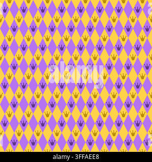 Seamless flat harlequin diamond pattern with mini crowns in purple and yellow gold. Minimal geometric vector background for Mardi Gras Stock Vector