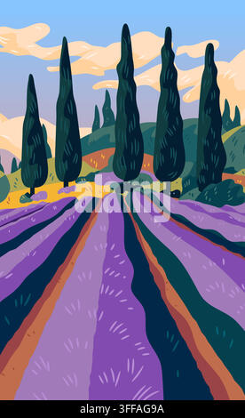 Provence France lavender fields landscape cypress trees rolling hills colorful sunset rural countryside scenic travel concept Stock Vector