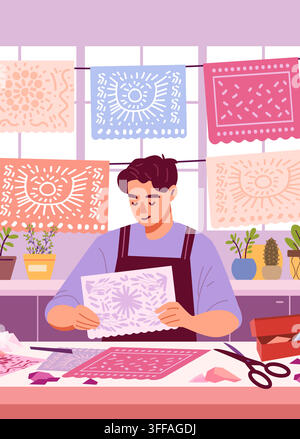 Mexican papel picado artist crafting traditional decorative banners colorful paper cutouts indoor workspace plants scissors creative process Stock Vector