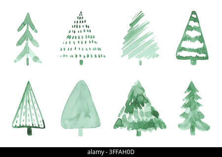 Watercolor Christmas Trees Vector Set. Winter spruce trees painted collection. Aquarelle hand painted pine tree collection. Stock Vector