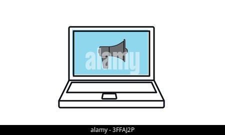 Laptop computer with megaphone loudspeaker symbol on screen vector icon. Black line art with color offset fill style on white background. Stock Vector